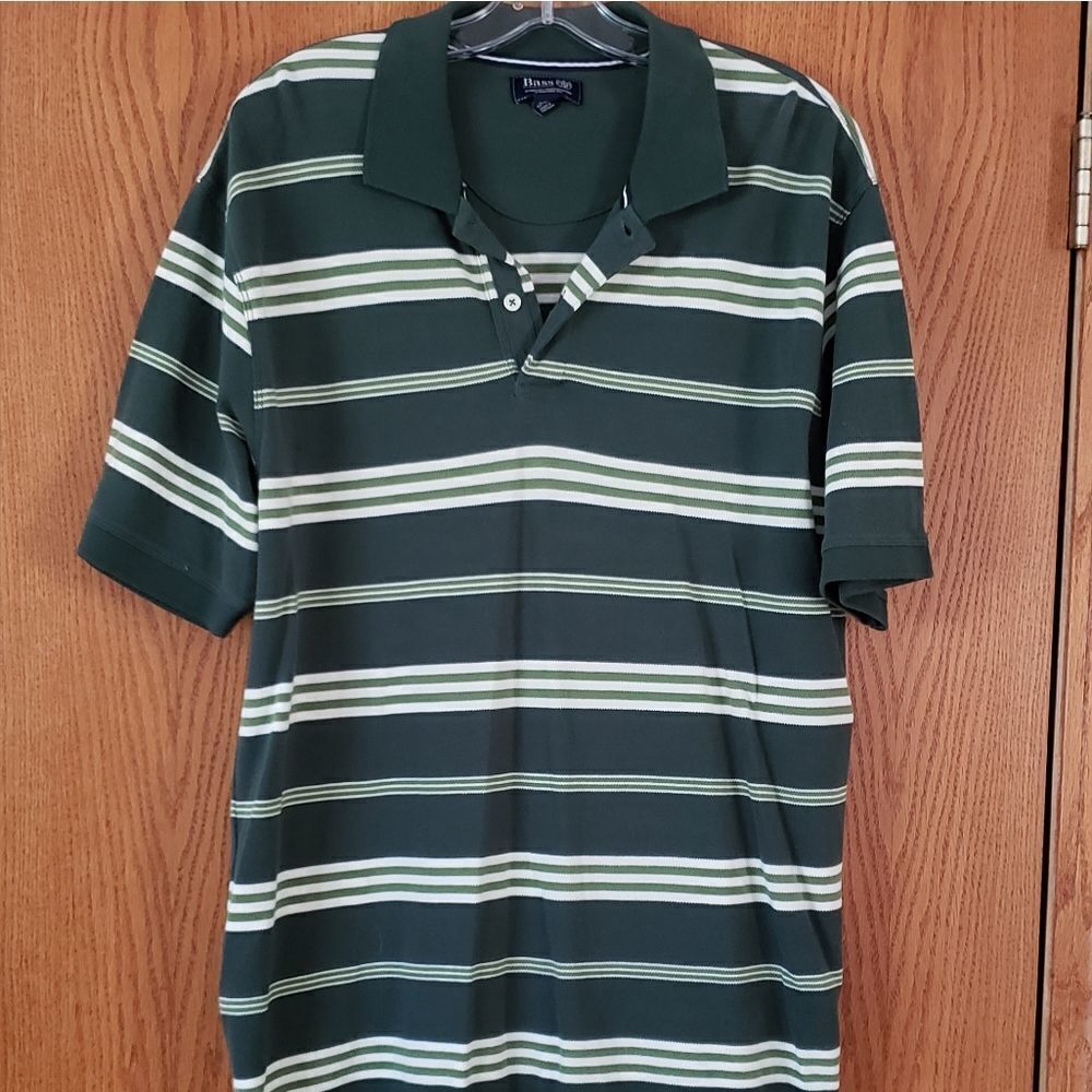 EUC Bass Mens Green Striped Polo Shirt Sz L